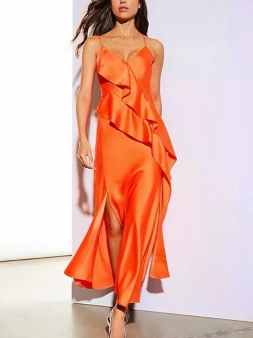 Orange Satin Ruffle Slip Dress - Women